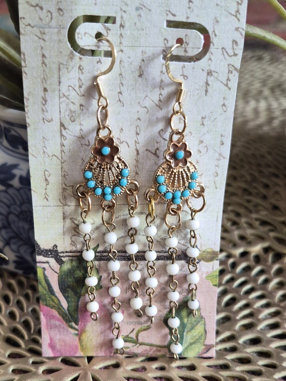 Gold-Tone Turquoise Inspired and White Beaded Dangle Earrings